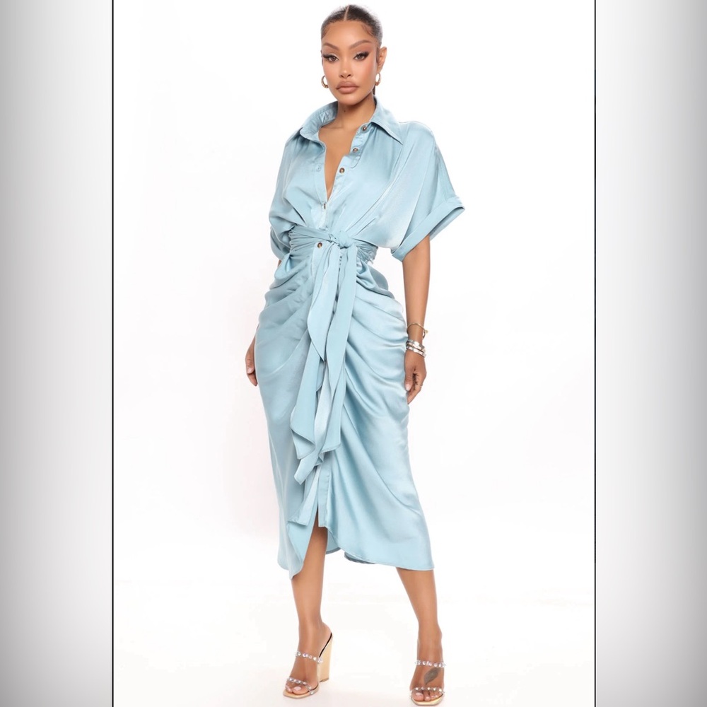 Stuck In The City Satin Midi Dress Baby Blue